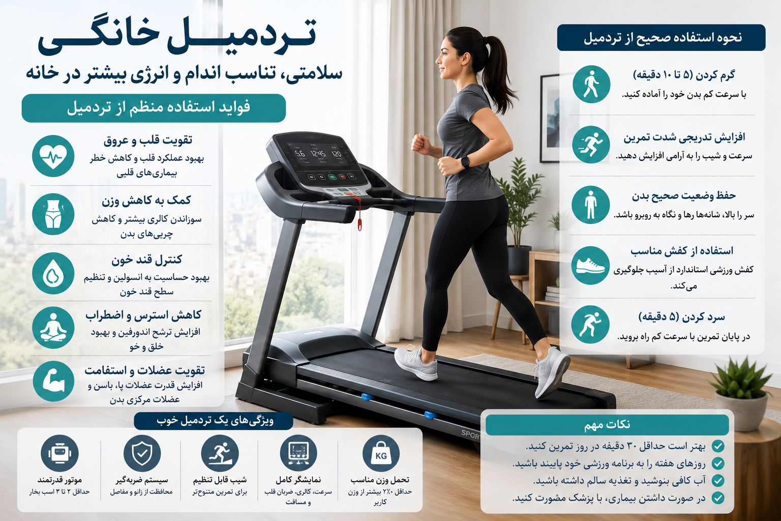 تردمیل خانگی؛ باشگاه ورزشی در خانه شما راهنمای جامع فواید، نحوه استفاده صحیح و نکات مهم خرید تردمیل خانگی